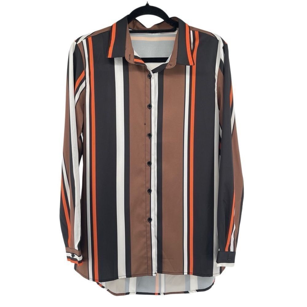 Women’s Brown Black Orange Striped Button Front Collared Blouse M | Fall Top